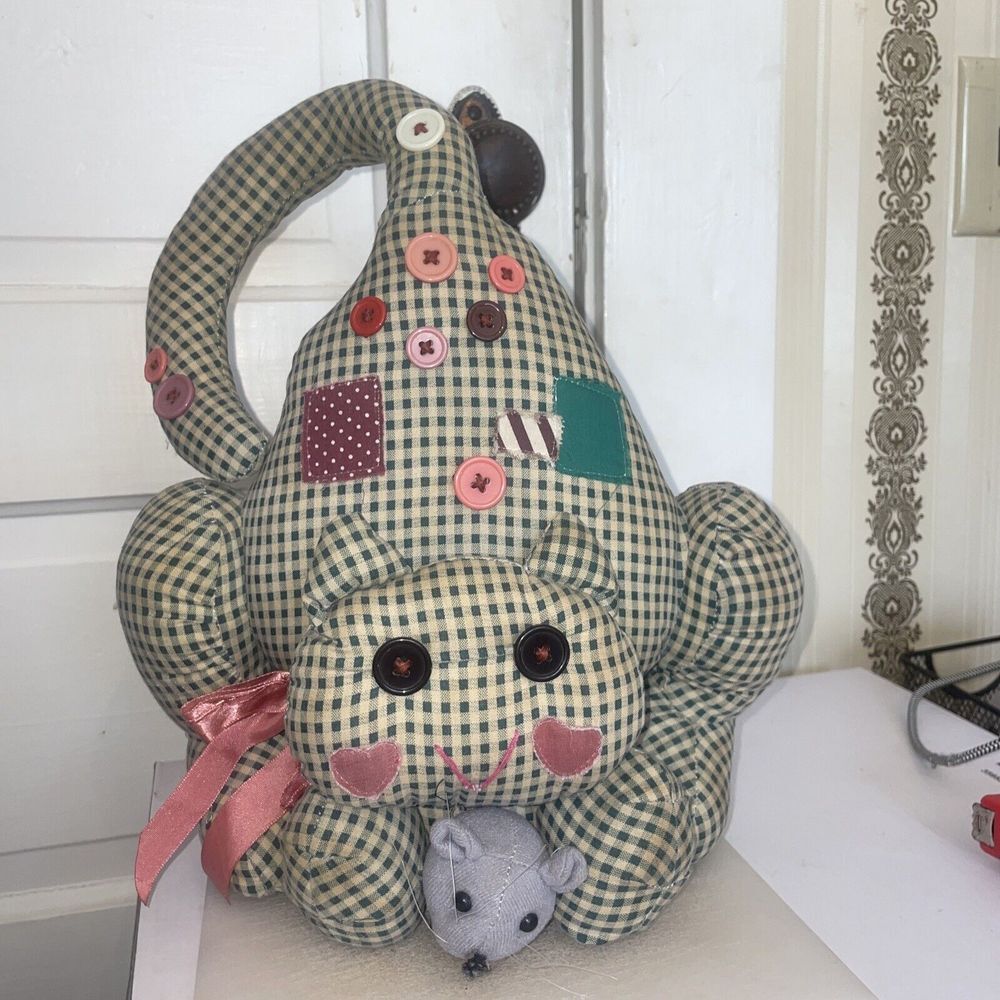 Vintage Cloth Cat Doorstop Buttons Patches‎ Ribbon Mouse